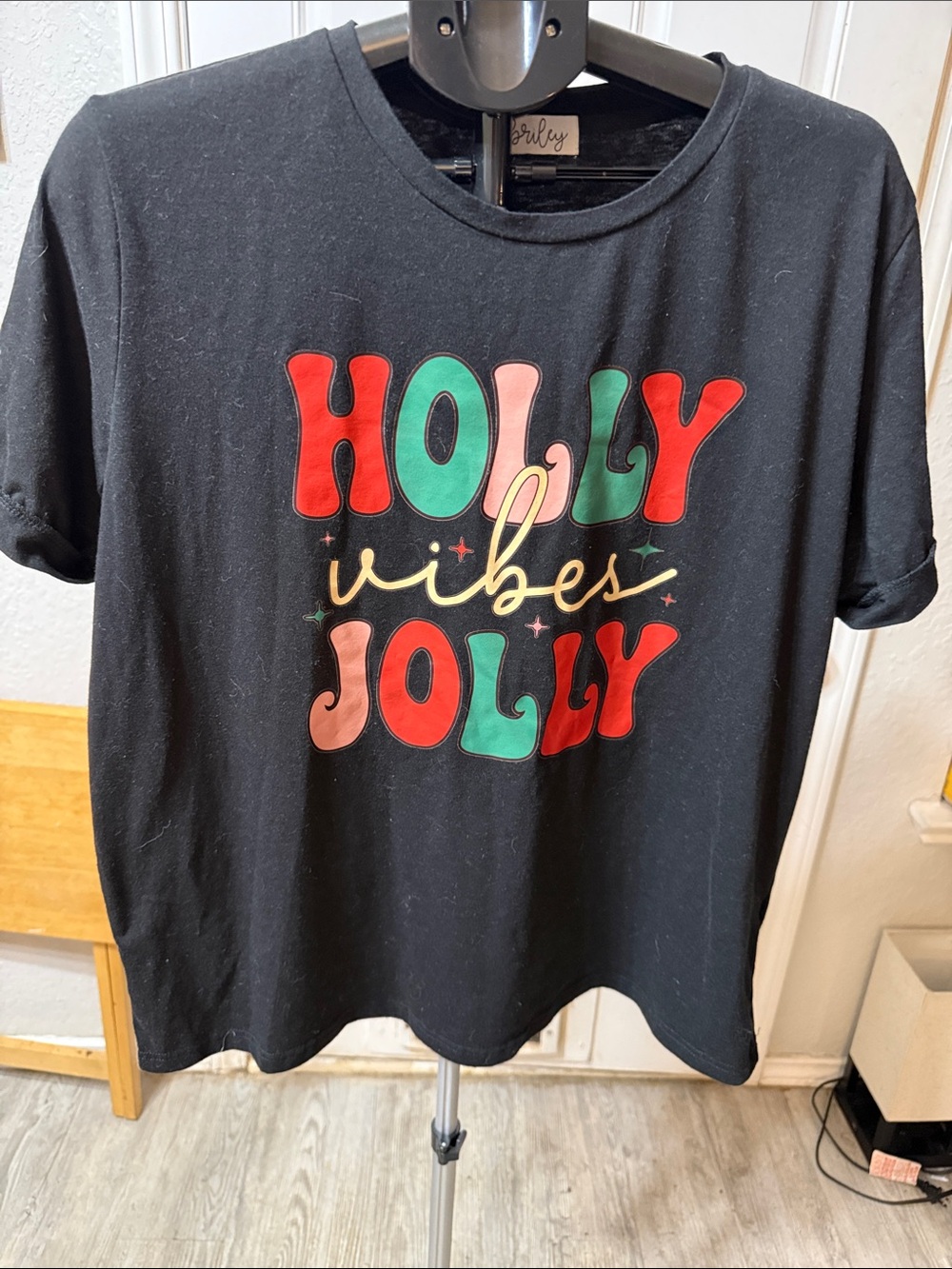 Briley- Holly Vibes Jolly Graphic Tee - Black with Red & Green Print